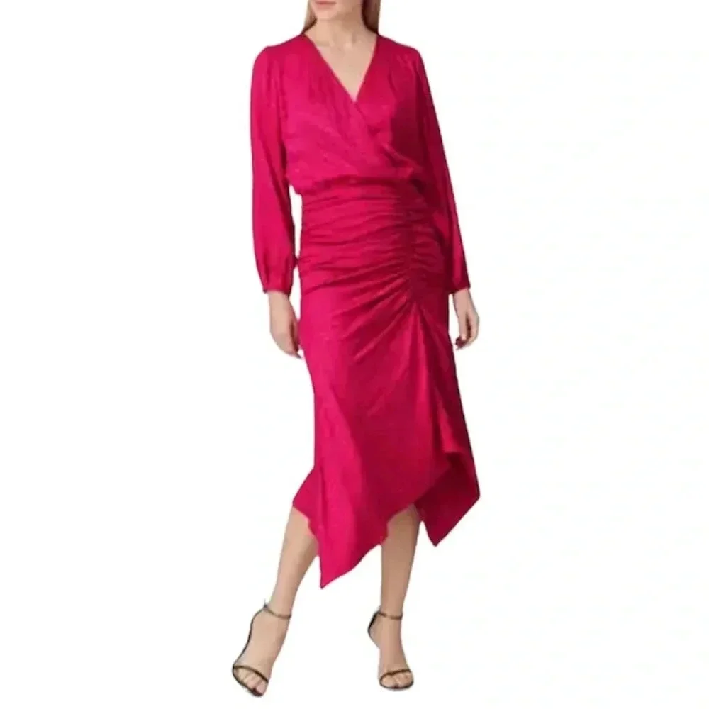 Krisa Pink High Low Surplice Side Ruched Dress Medium